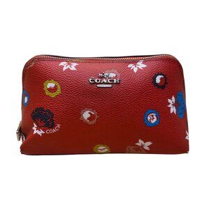 Coach Women’s Red Leather Floral Print Zip Closure Cosmetic Bag